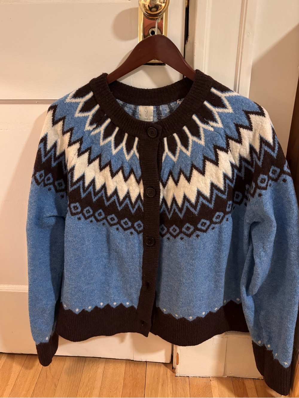 Blue, Brown, Beige Fair Isle Button-Front Women's Sweater Cardigan - LARGE
